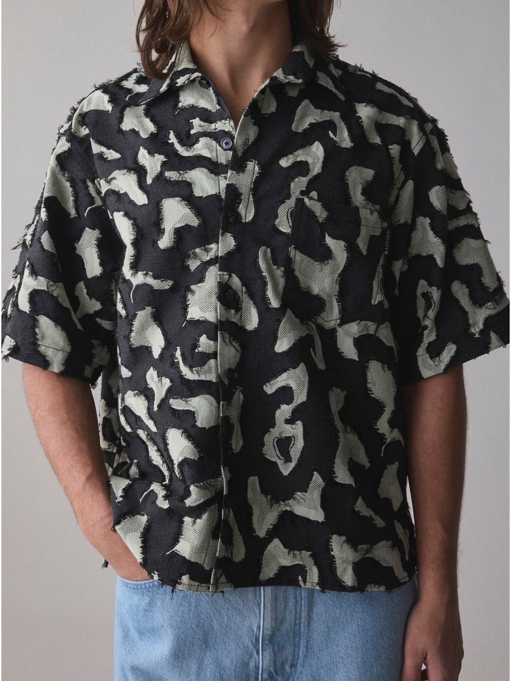Men's FRIED RICE Short Sleeve Black and Light Green Abstract Patterned Shirt